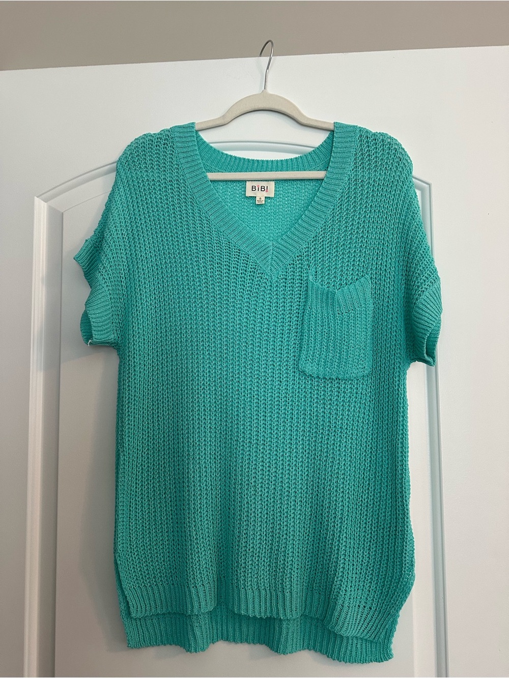 BiBi Teal Knit V-Neck Short Sleeve Sweater with Pocket